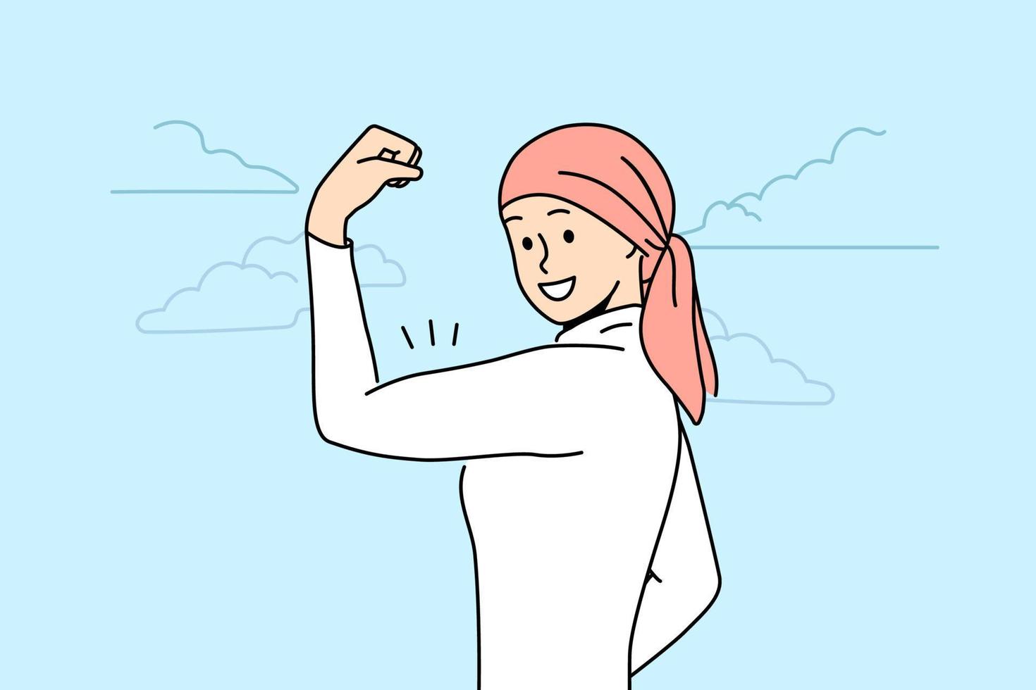 Smiling woman in pink scarf on head show muscles beating cancer. Happy healthy female with headwear overcome oncology. Vector illustration.