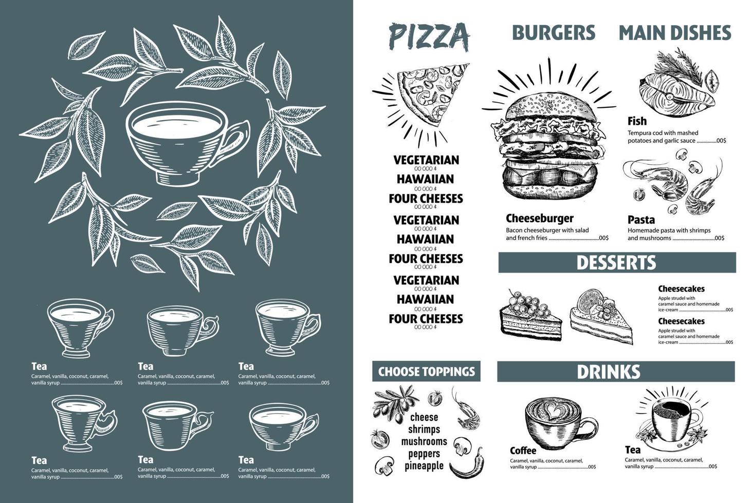 menú restaurante folleto. verde té taza. volantes con dibujado a mano gráfico. vector