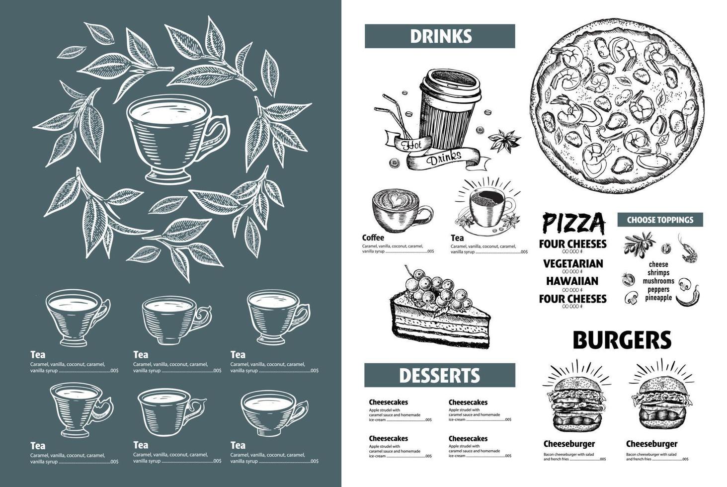 menú restaurante folleto. verde té taza. volantes con dibujado a mano gráfico. vector