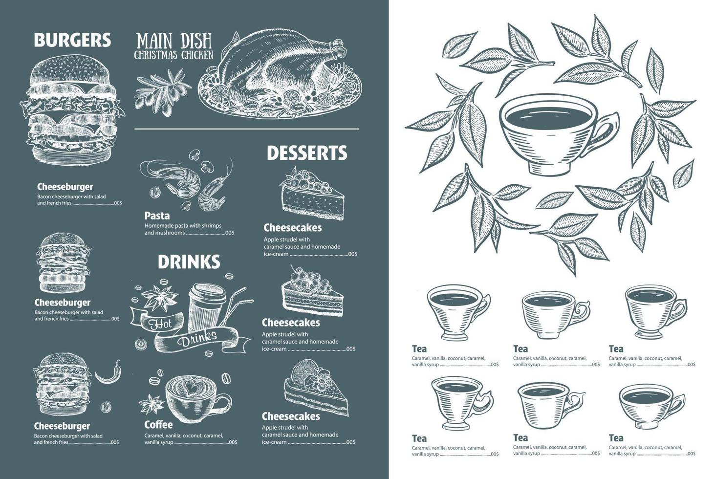 menú restaurante folleto. verde té taza. volantes con dibujado a mano gráfico. vector