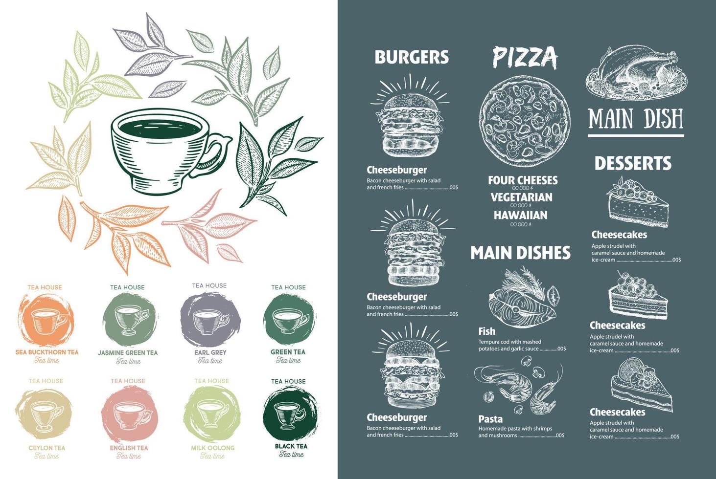 menú restaurante folleto. verde té taza. volantes con dibujado a mano gráfico. vector