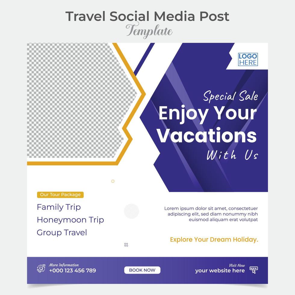 Holiday Traveling and tour social media post and square flyer post banner template design vector