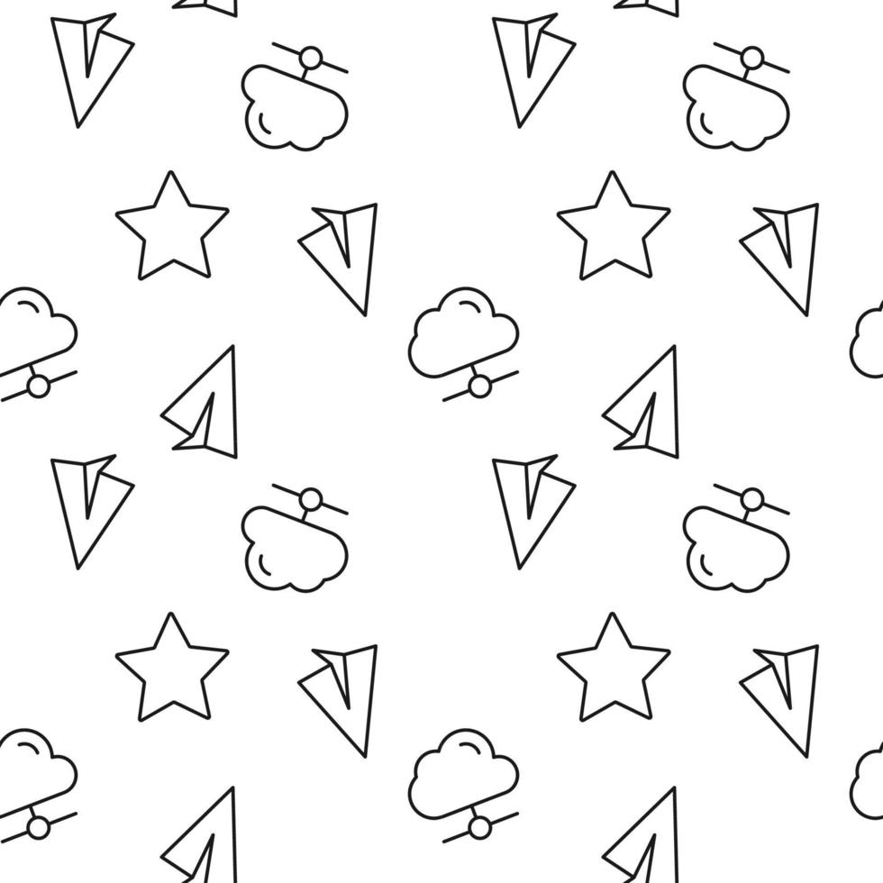 Monochrome vector seamless pattern of star, cloud store, paper airplane for web sites and polygraphy