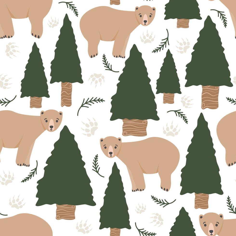 cute winter holiday seamless vector pattern background illustration with cartoon bear in the forest