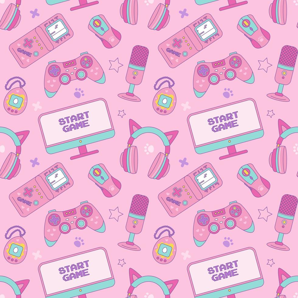 Gamer girl set of kawaii style elements. Vector seamless pattern. Vintage pink 90s Games