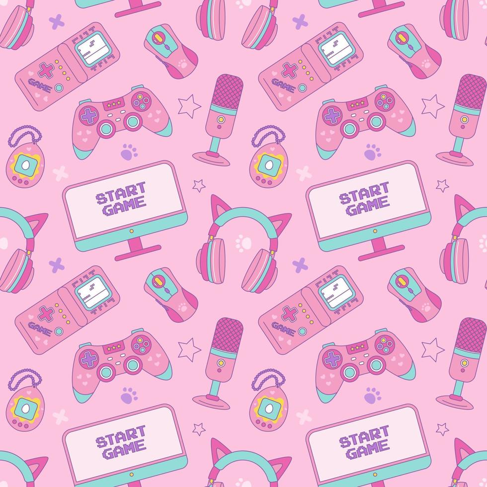 Gamer girl set of kawaii style elements. Vector seamless pattern. Vintage pink 90s Games