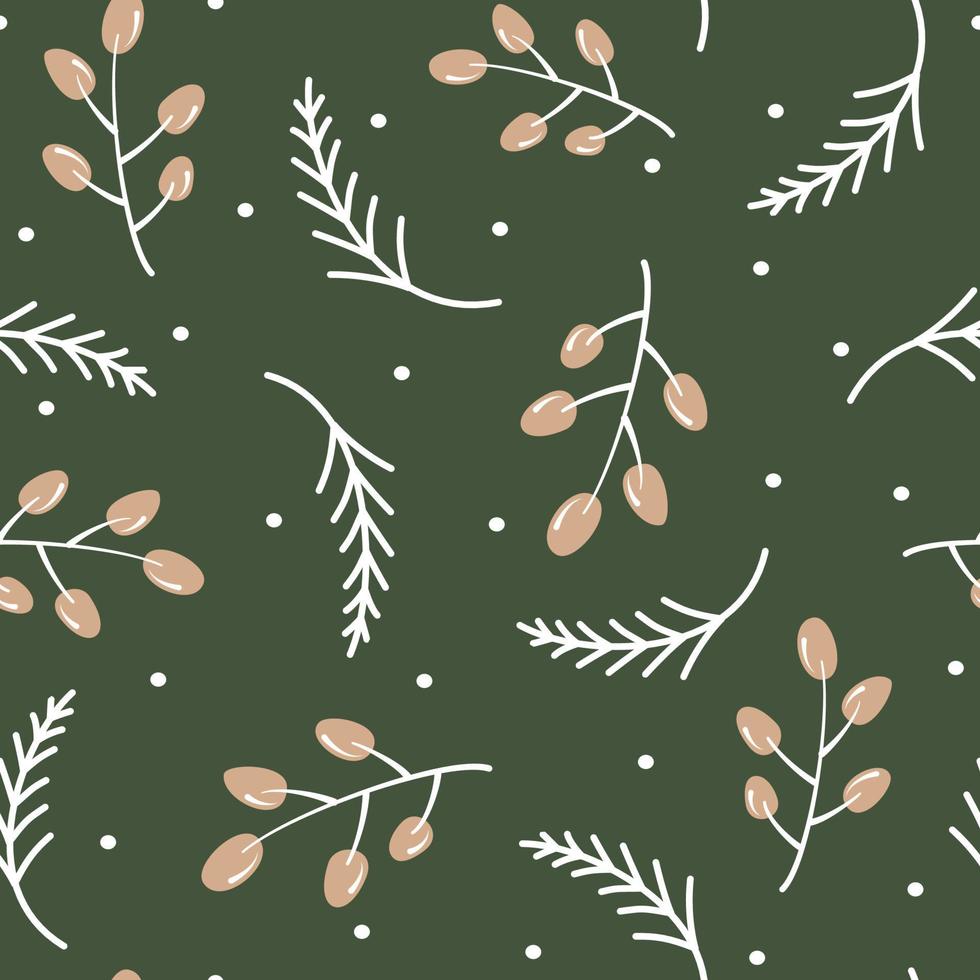 cute winter holiday seamless vector pattern background illustration with branch with berries, fir trees branch and snow