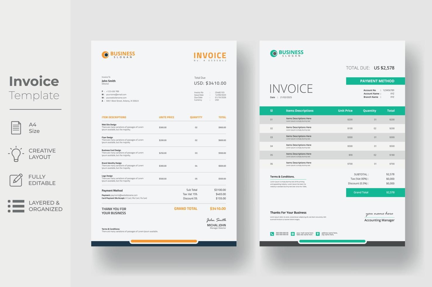 Invoice minimal design template, Business invoice form template vector