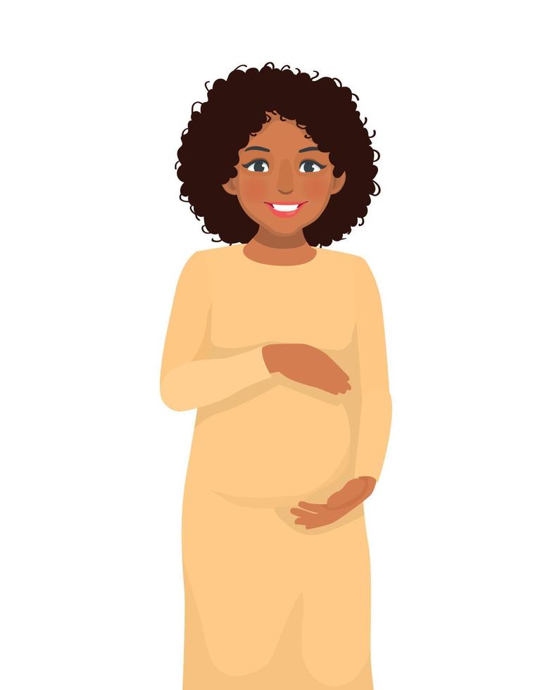 Beautiful pregnant African woman touching her big belly vector