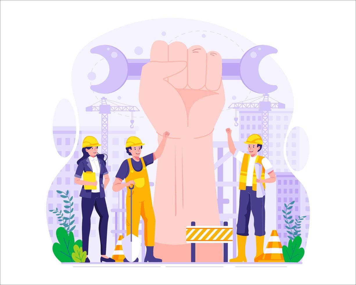 1st May Labour Day Illustration. Construction workers with A giant Raise arm fist statue. Workers Day. Vector Illustration