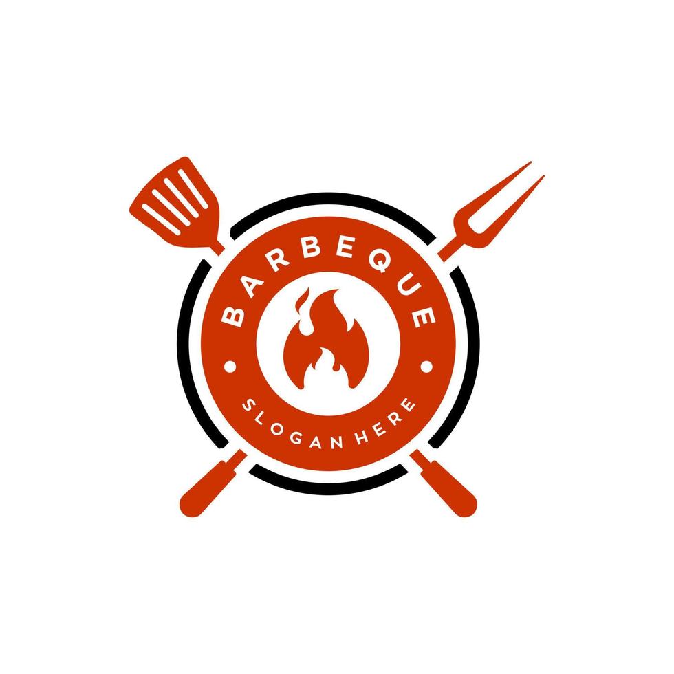 BBQ logo, Vintage hipster Grill badge Barbeque logo icon. invitation party barbecue bbq with crossed fork spatula and fire flame Logo design vector
