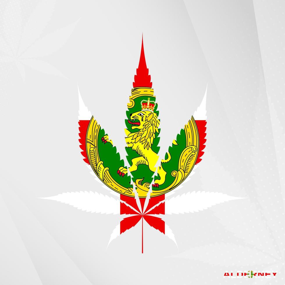 Flag of Alderney in Marijuana leaf shape. The concept of legalization Cannabis in Alderney. vector