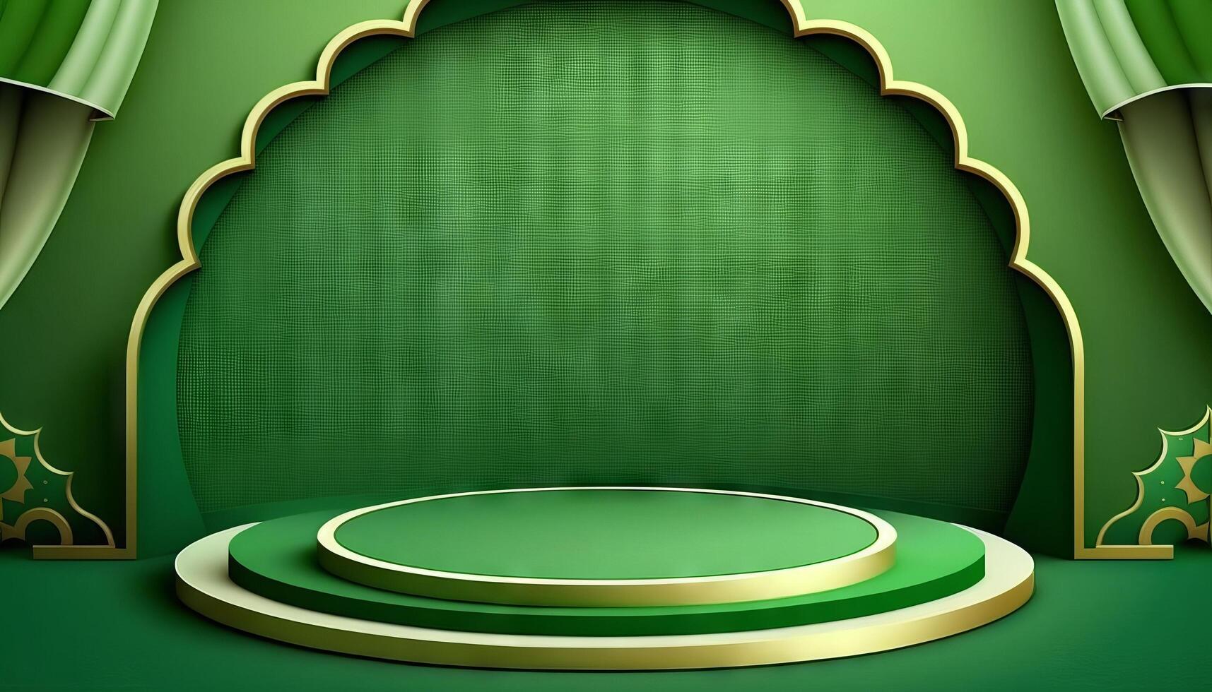 Green soft pastel podium ramadhan Background. islamic ornament on green Carpet Background. photo