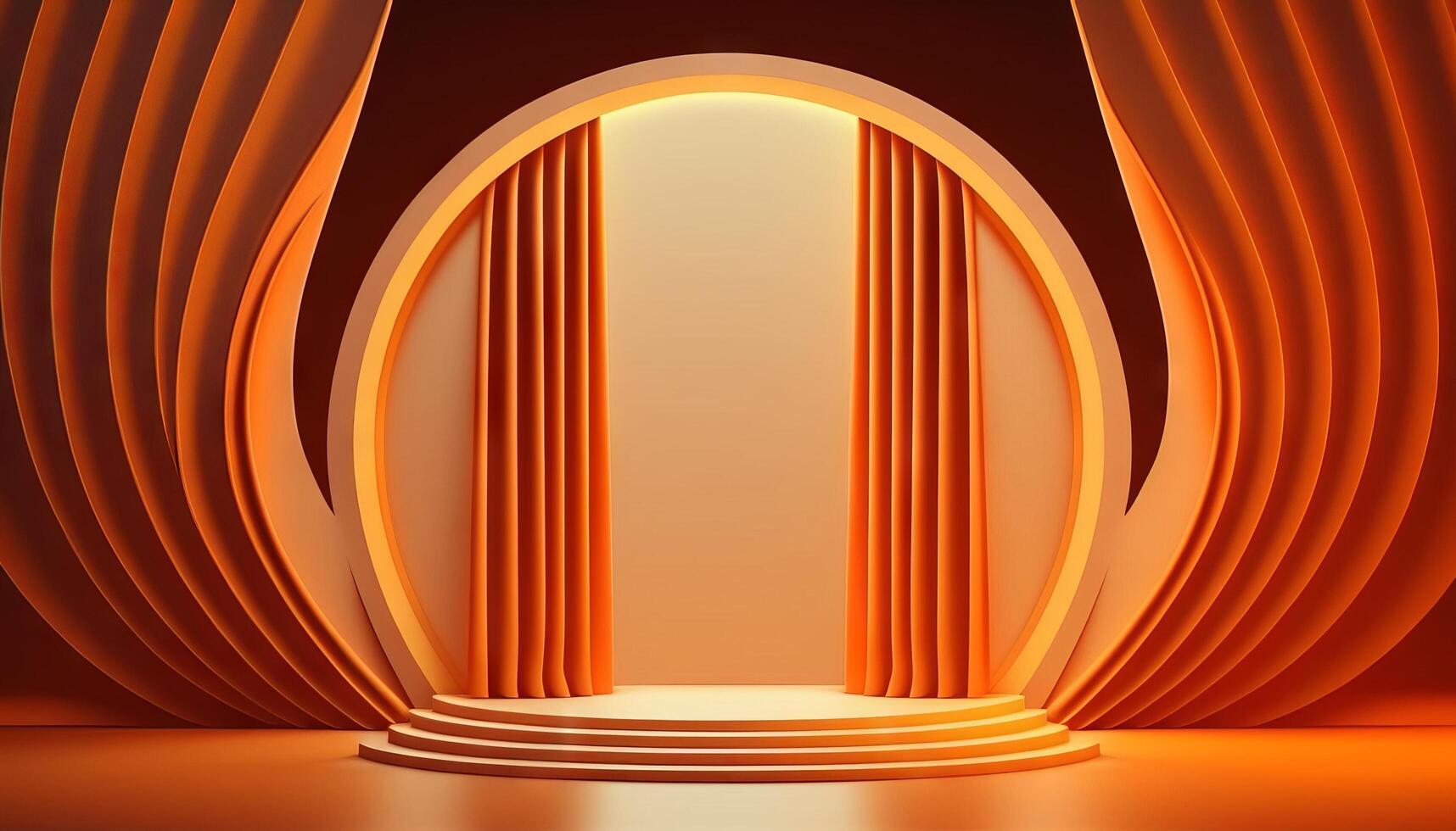 orange soft pastel Curtain Stage Award Background. Trophy on orange Carpet pastel Background. photo