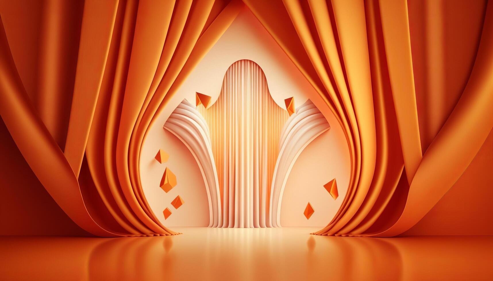 orange soft pastel Curtain Stage Award Background. Trophy on orange Carpet pastel Background. photo
