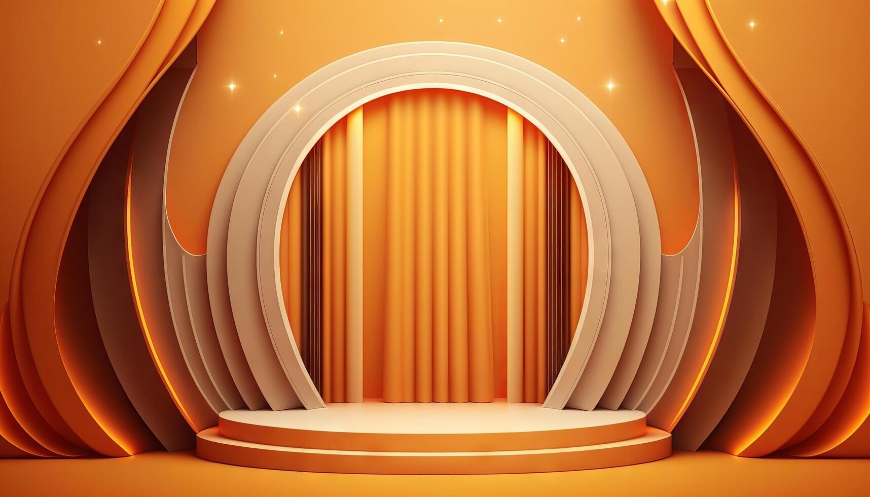 orange soft pastel Curtain Stage Award Background. Trophy on orange Carpet pastel Background. photo