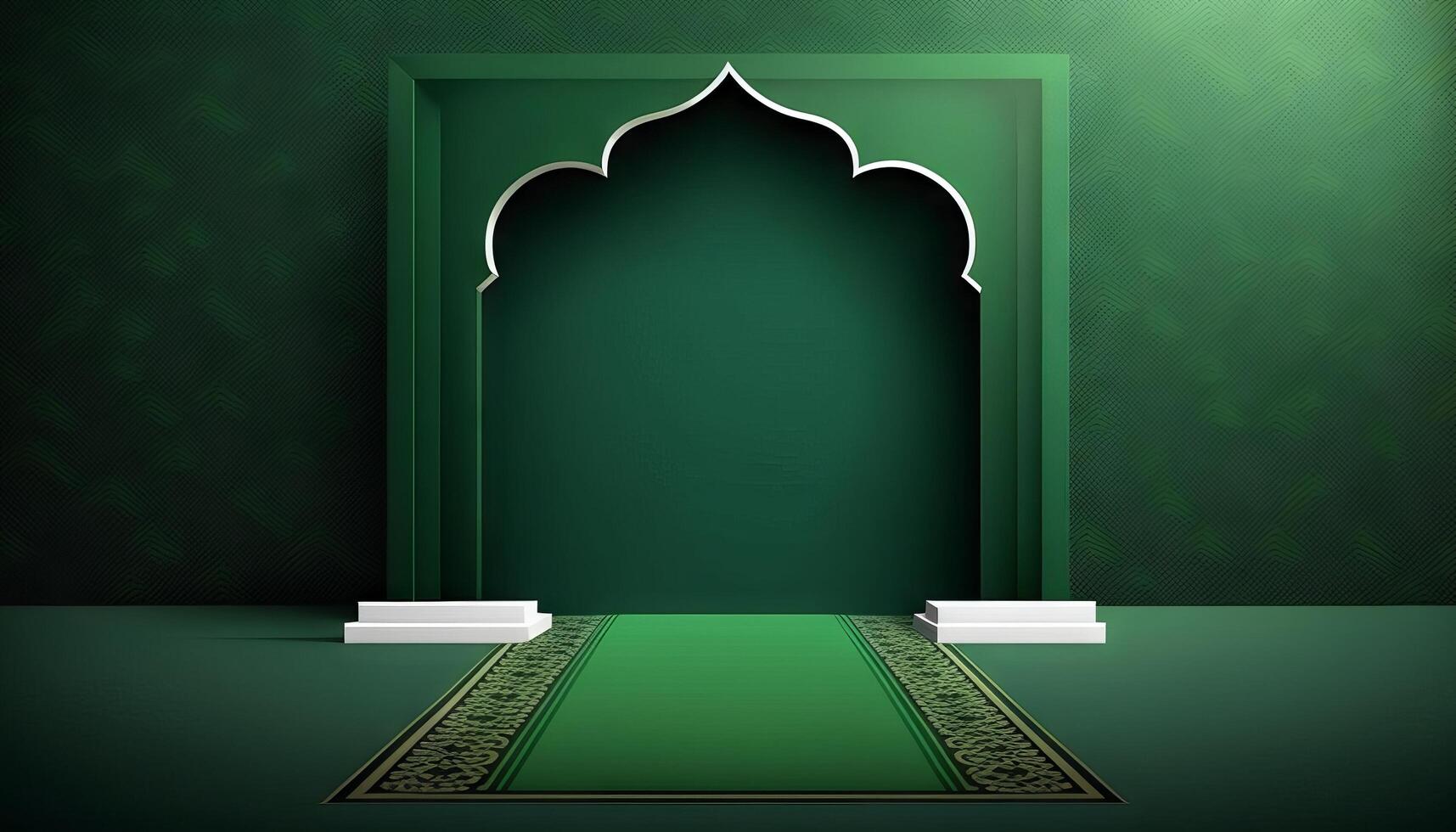 Green soft pastel podium ramadhan Background. islamic ornament on green Carpet Background. photo