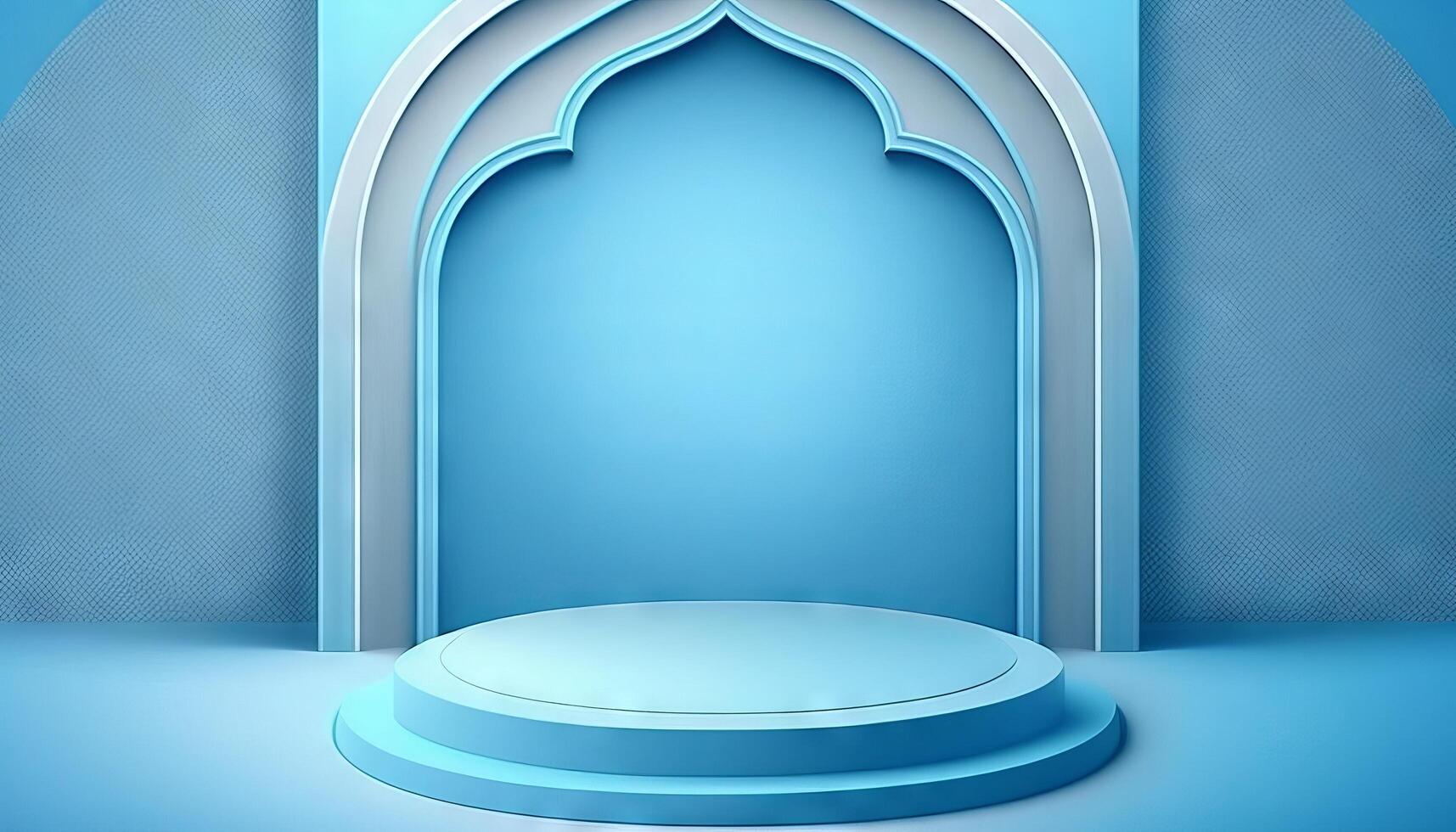 Blue soft pastel podium islamic Background. ramadhan ornament on blue soft Carpet Background. photo