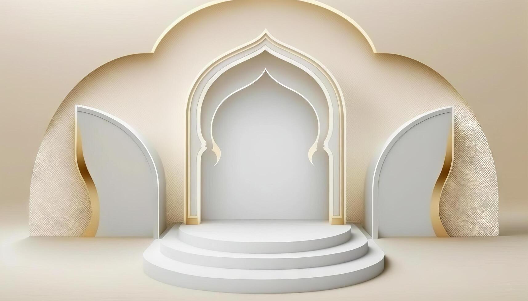 White soft pastel podium islamic Background. ramadhan ornament on White soft Carpet Background. photo
