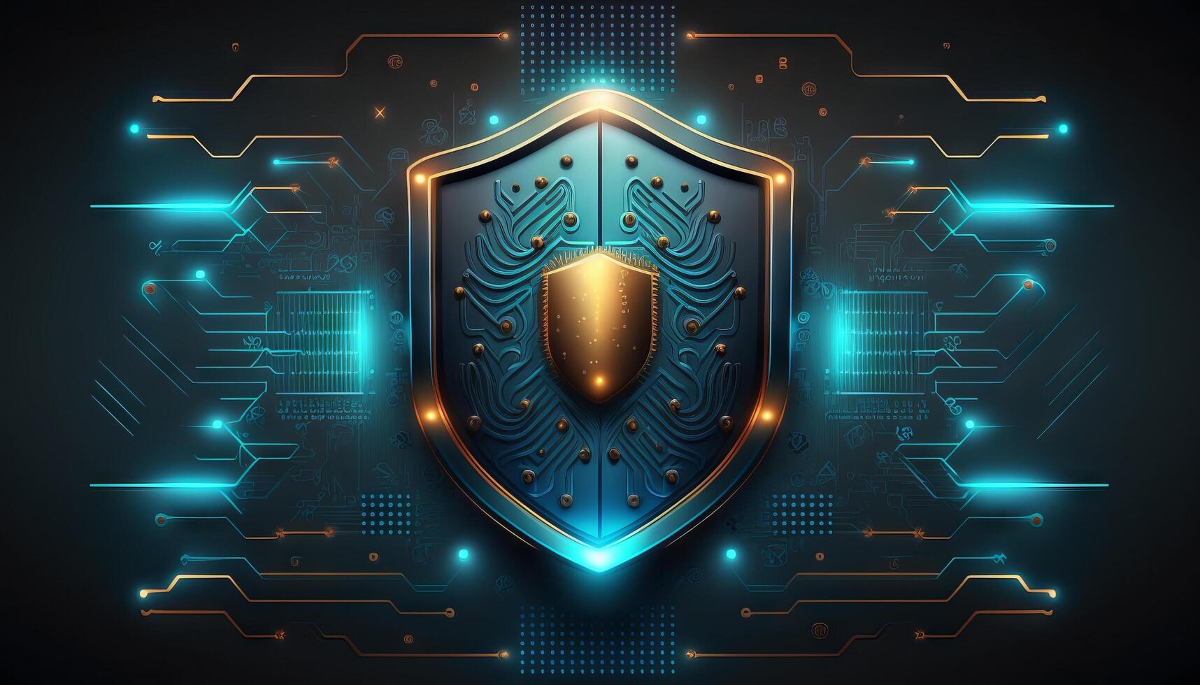 Abstract technology circuit board background with shield symbols concept of data protection and cyber privacy. photo