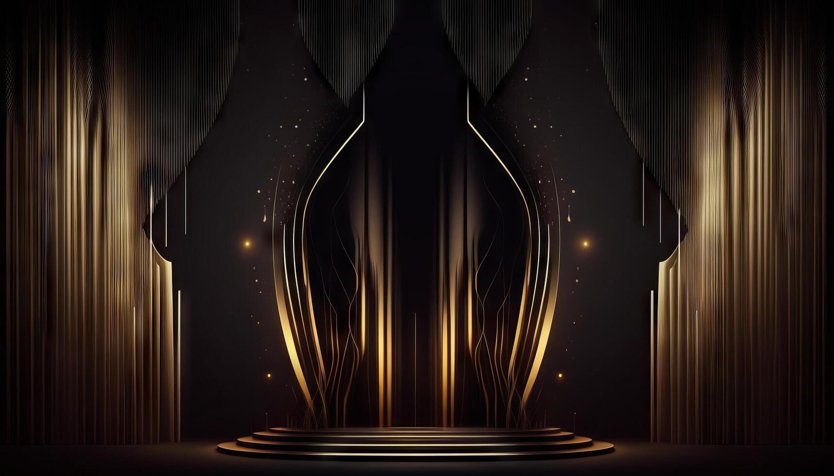 Black Golden Curtain Stage Award Background. Trophy on Red Carpet Luxury Background. photo