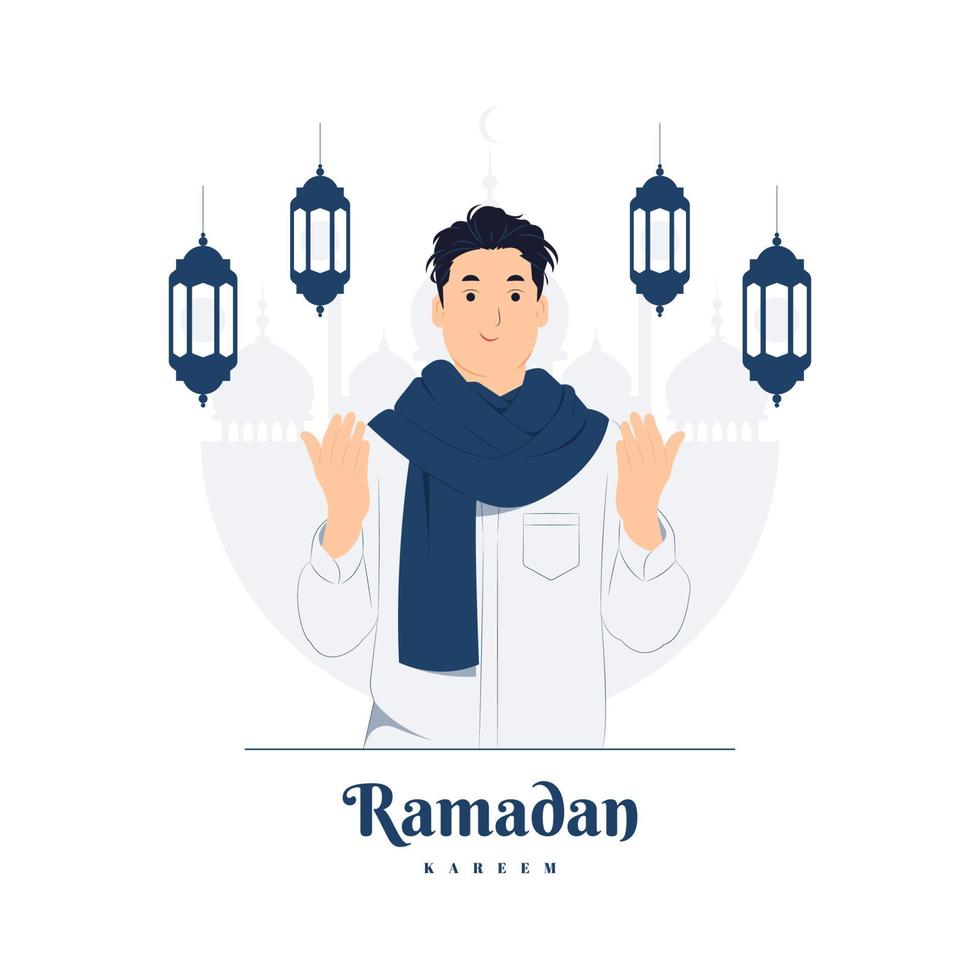 Muslim man Pray salam greetings welcoming on Ramadan Kareem concept illustration vector