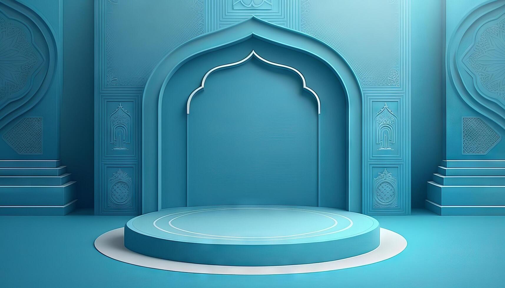 Blue soft pastel podium islamic Background. ramadhan ornament on blue soft Carpet Background. photo