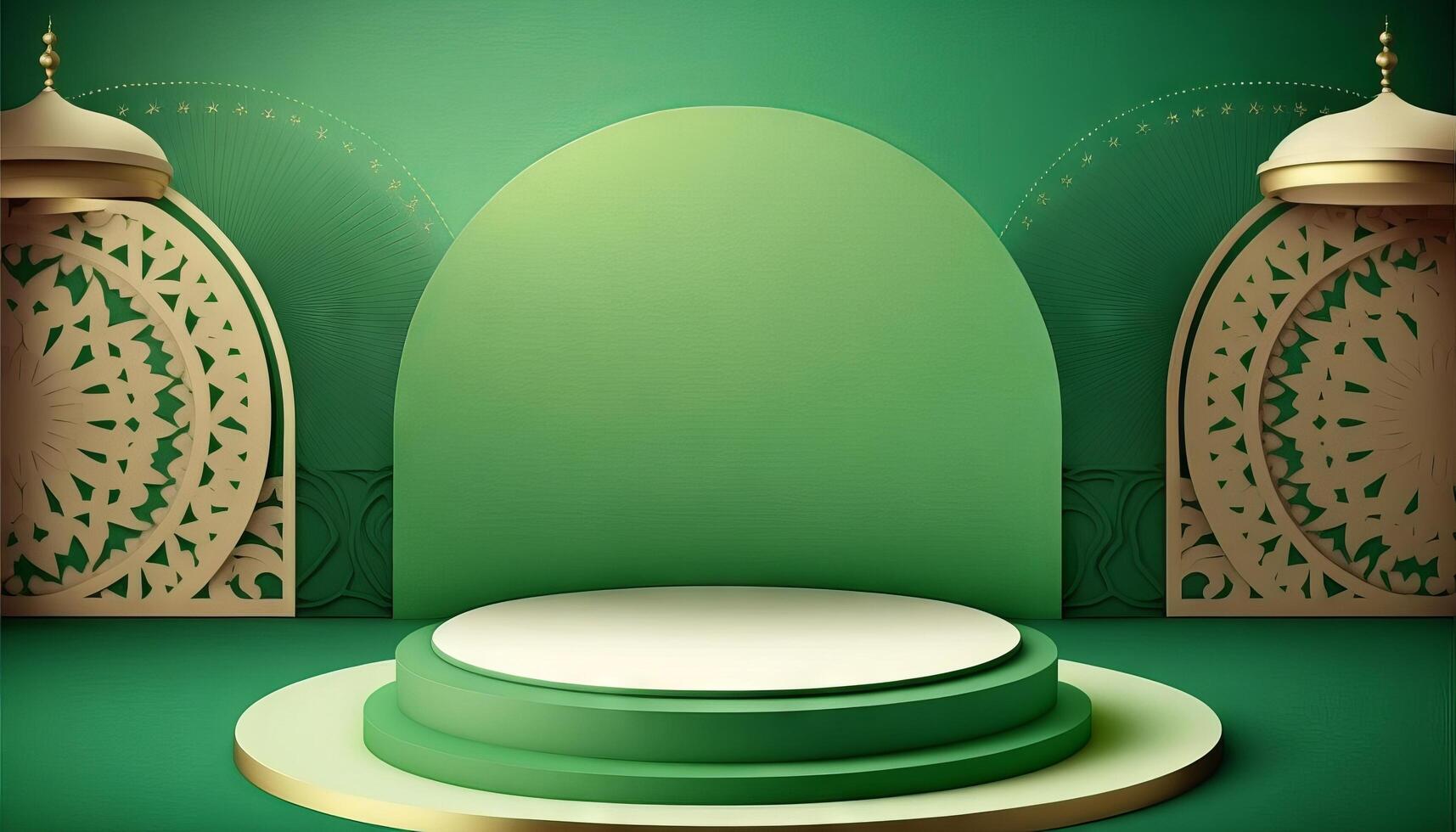 Green soft pastel podium ramadhan Background. islamic ornament on green Carpet Background. photo