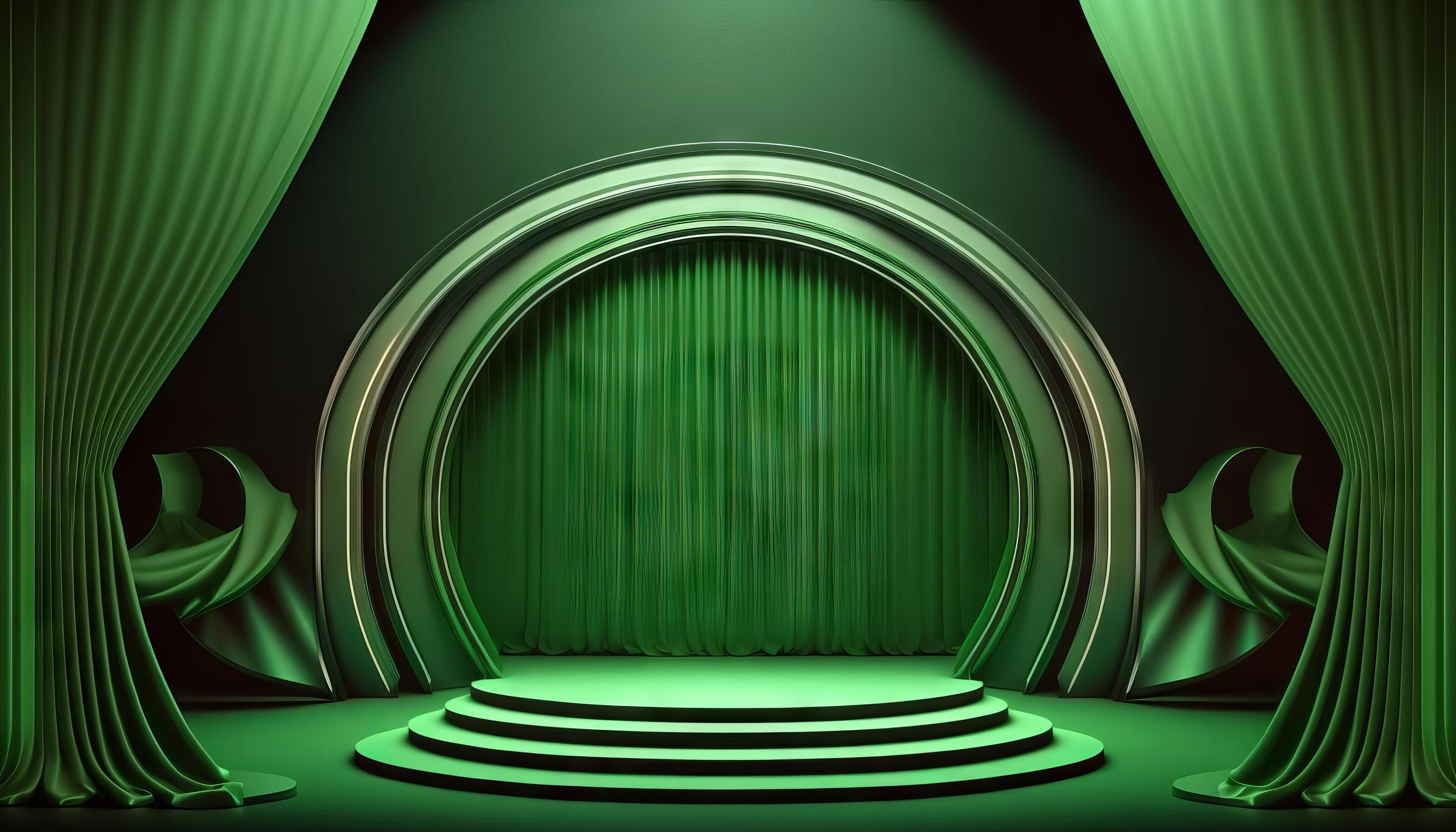 Green soft pastel Curtain Stage Award Background. Trophy on green