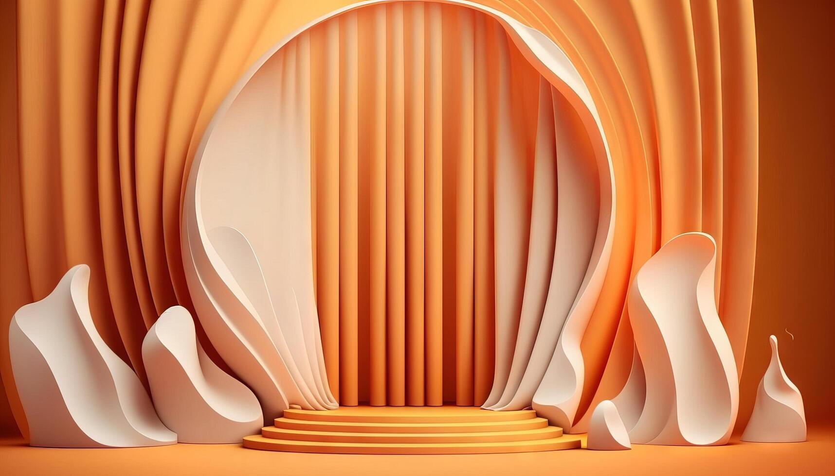 orange soft pastel Curtain Stage Award Background. Trophy on orange Carpet pastel Background. photo