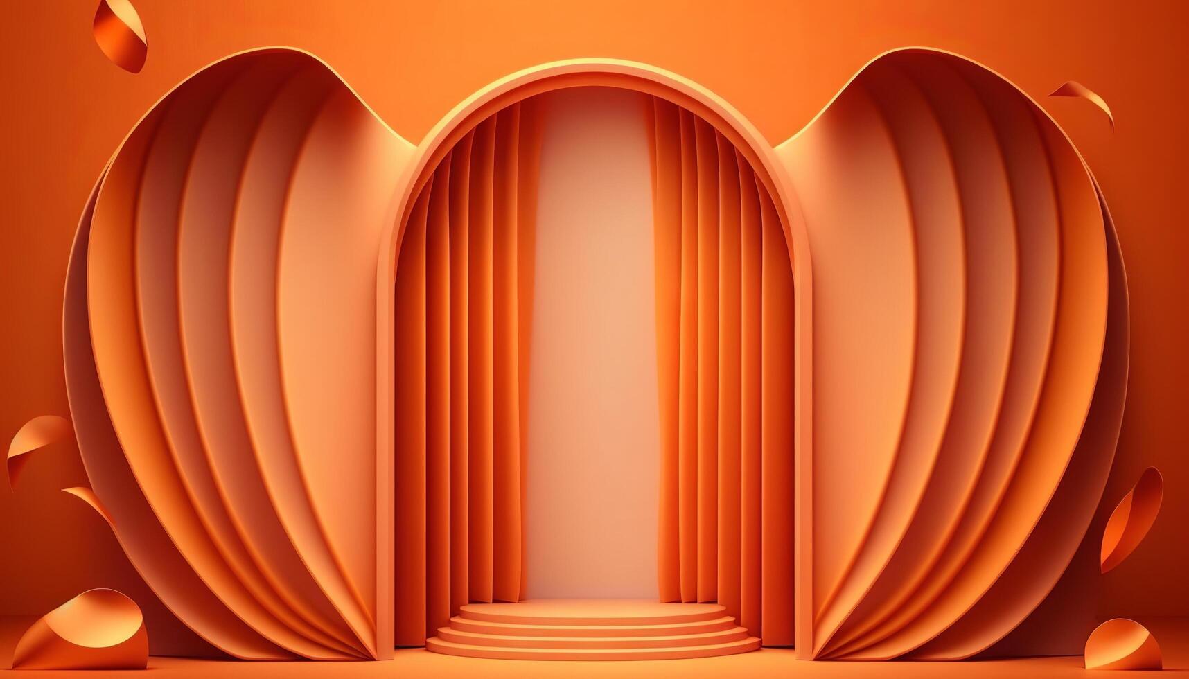 orange soft pastel Curtain Stage Award Background. Trophy on orange Carpet pastel Background. photo