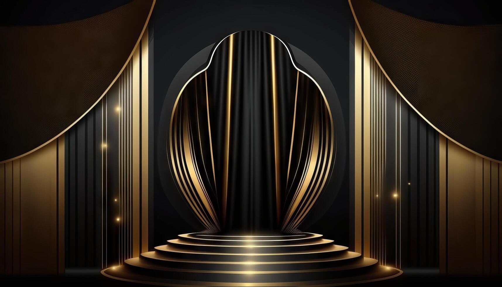 Black Golden Curtain Stage Award Background. Trophy on Red Carpet Luxury Background. photo