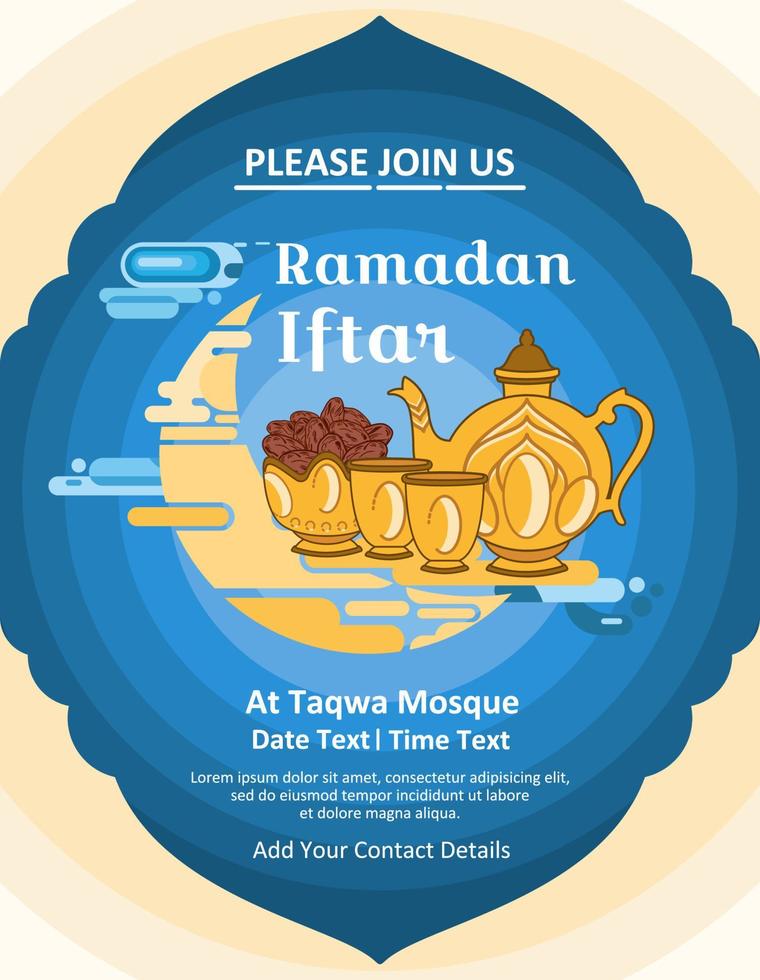 creativo modelo para iftar Ramadán invitaciones con un azul antecedentes en un plano diseño vector