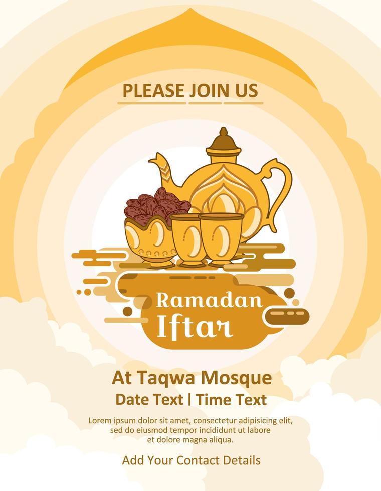 Ramadan iftar flyer poster with illustration of a kettle, cup and bowl of dates vector