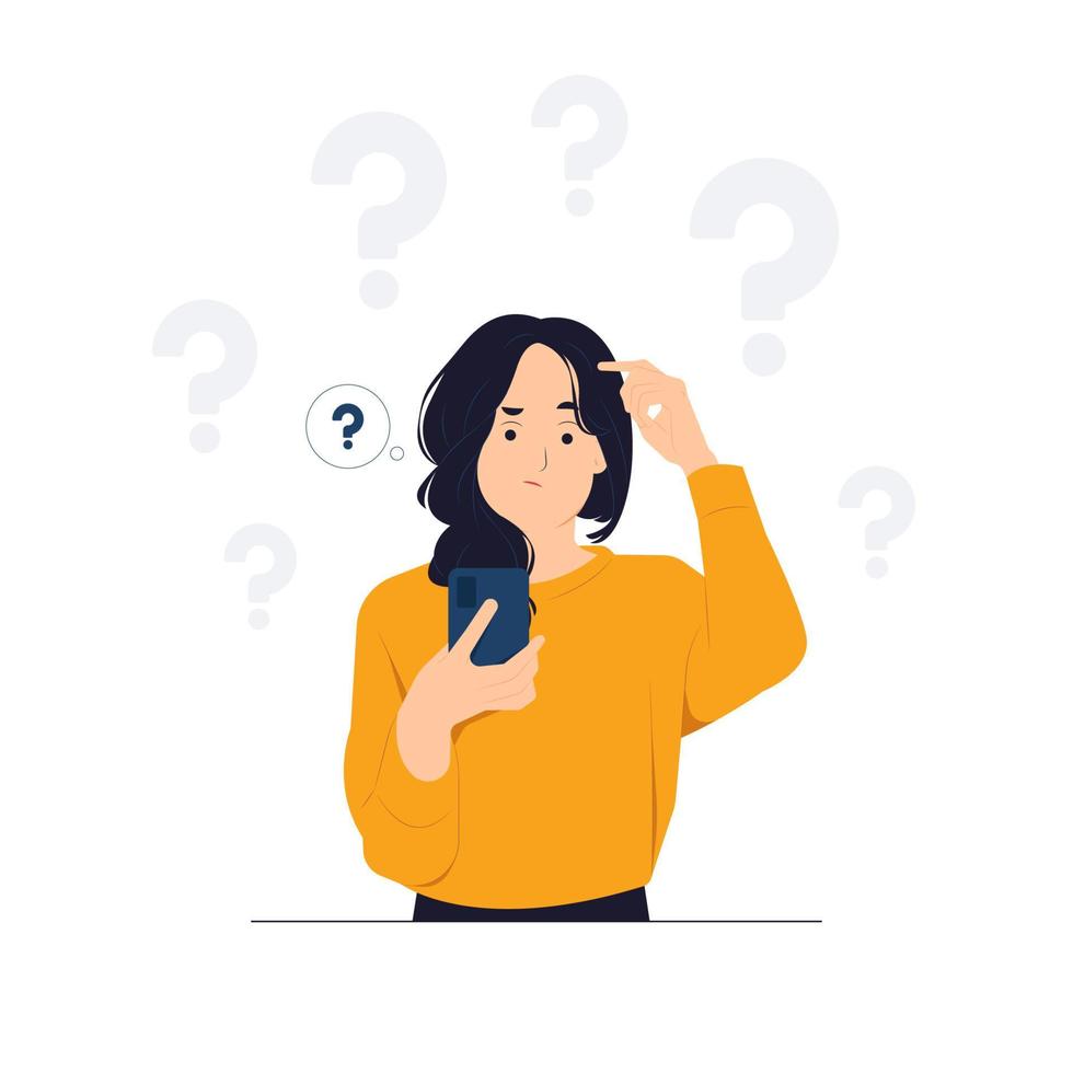 Confused uncertain Feeling in doubtful decision, worry and think with serious thoughtful expression, question mark, dilemma, undecided concept illustration vector