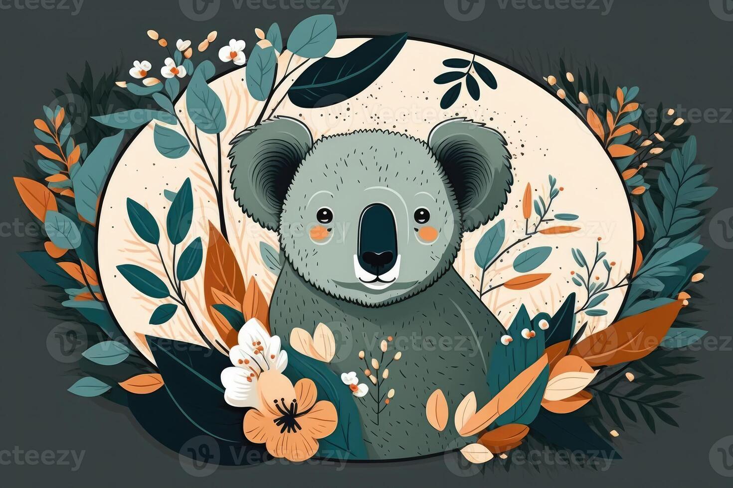 Koala face cartoon with floral and eucalyptus. photo