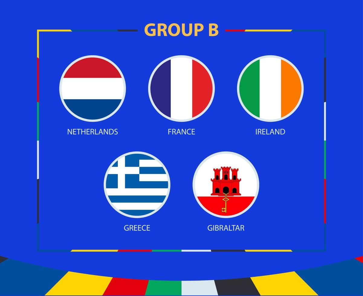 Circle flags of Group B. Participants of qualifying European football tournament 2024. vector