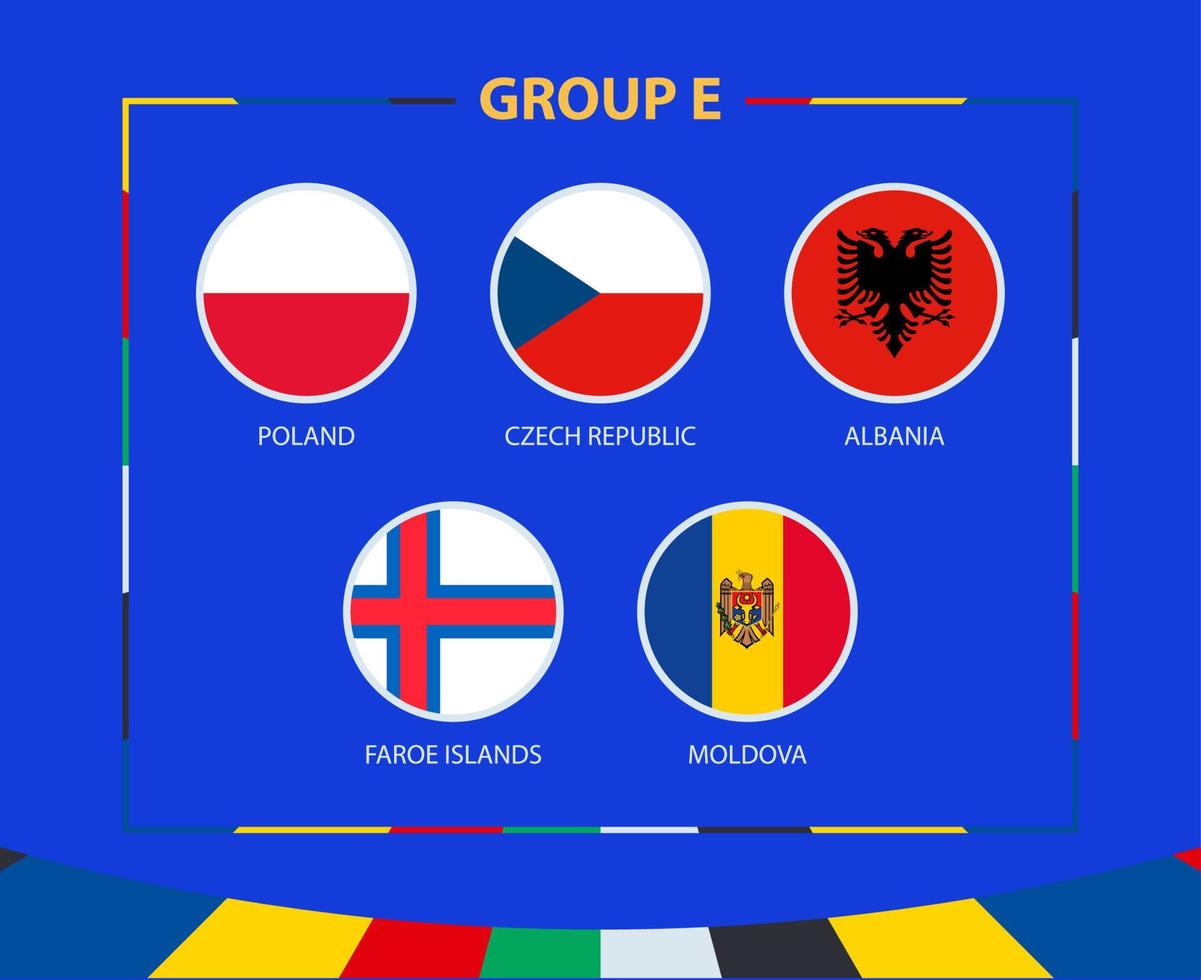 Circle flags of Group E. Participants of qualifying European football tournament 2024. vector