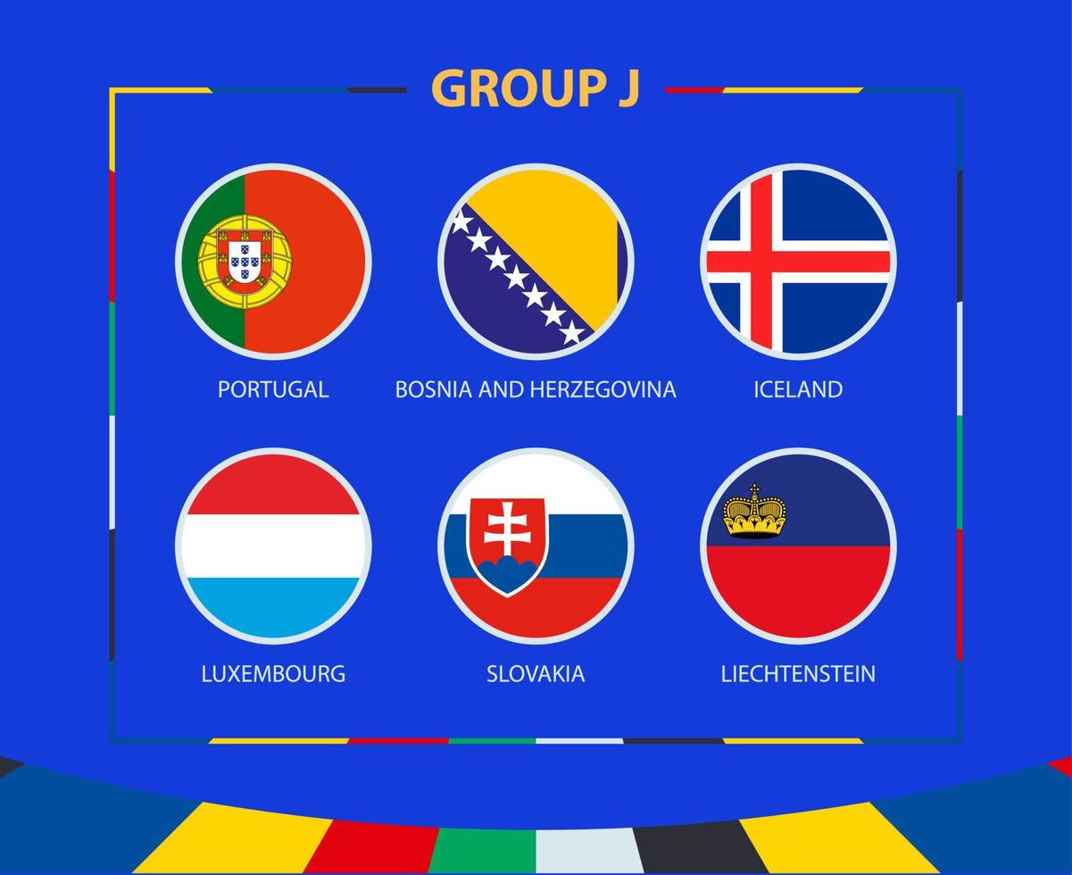 circulo banderas de grupo j. Participantes de Calificación europeo fútbol americano torneo 2024. vector