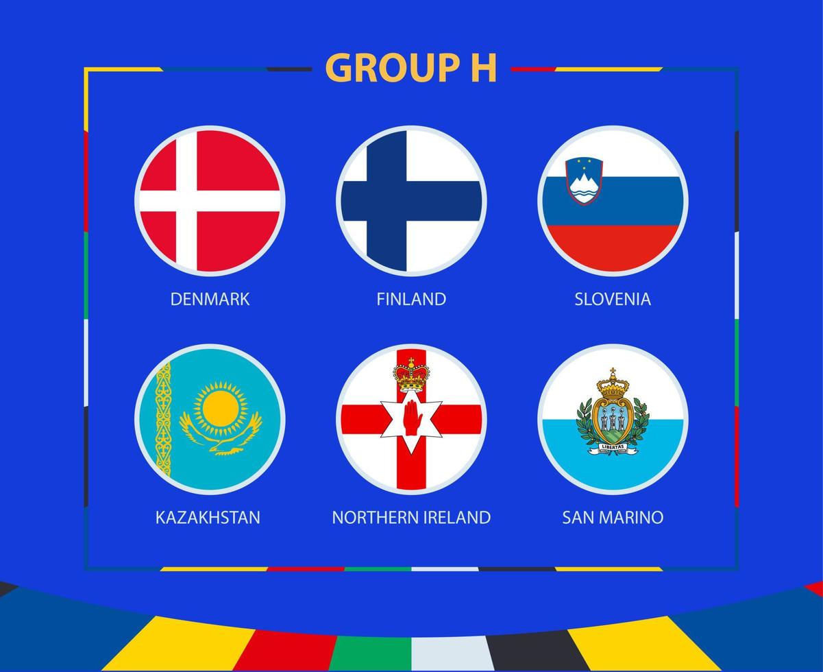 Circle flags of Group H. Participants of qualifying European football tournament 2024. vector