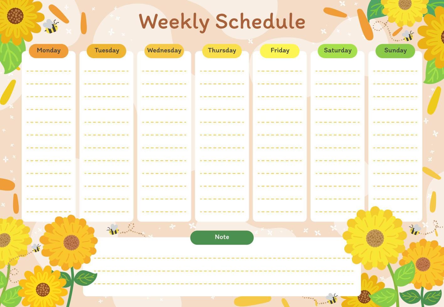 semanal cronograma calendario girasol primavera estilo vector