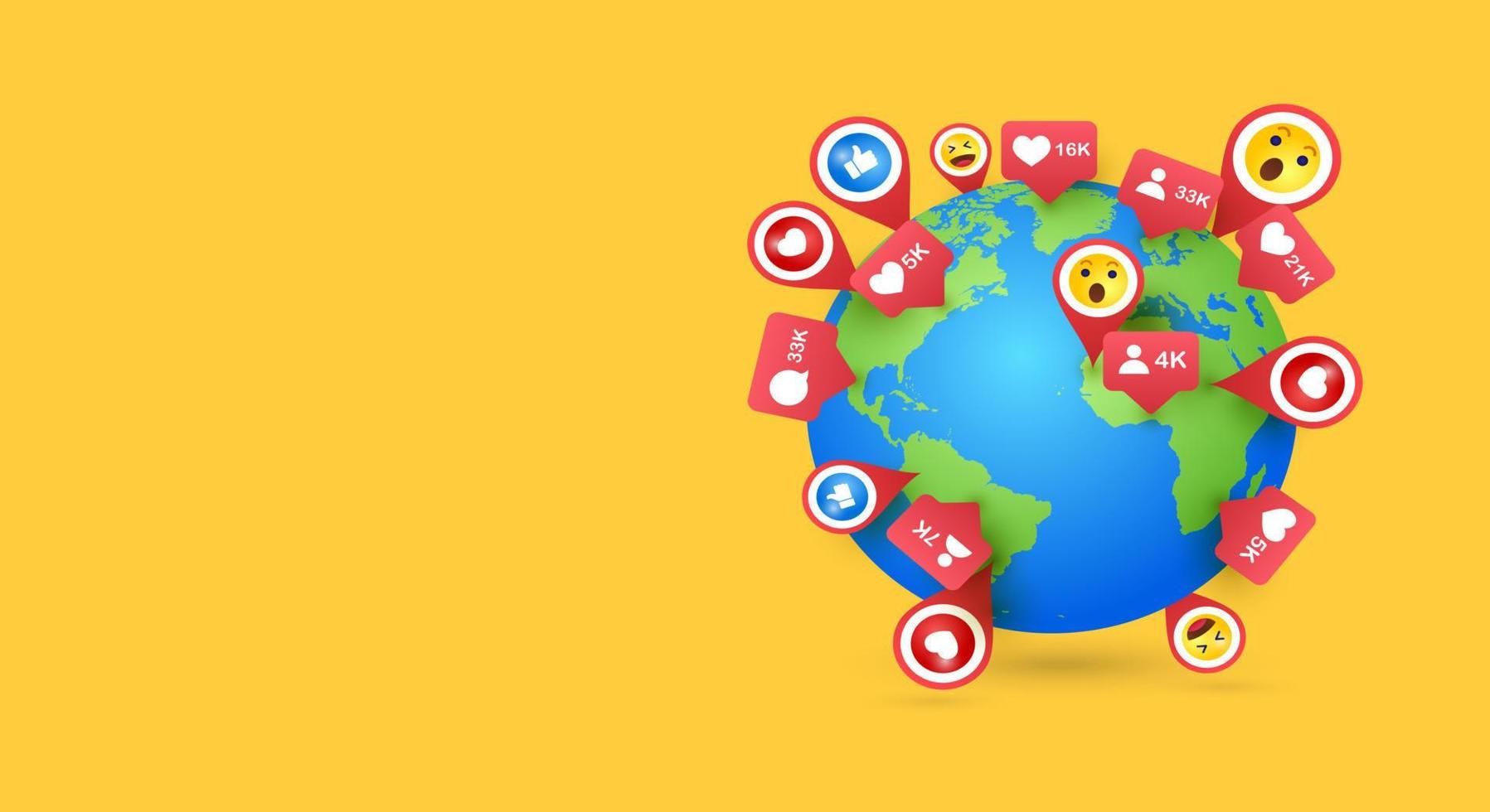 around the world reactions, like, love emoji. Social media marketing content viral around the world vector illustration.