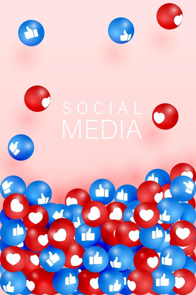 Like and thumbs up icons falling on pink background. 3d social network symbol. Counter notification icons. Social media elements. Emoji reactions. Vector illustration