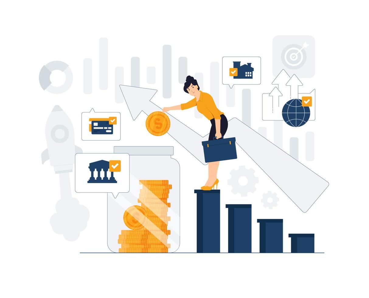 Investment growth, investing money management, investor making trading plans on stock market and calculating benefits concept illustration. vector