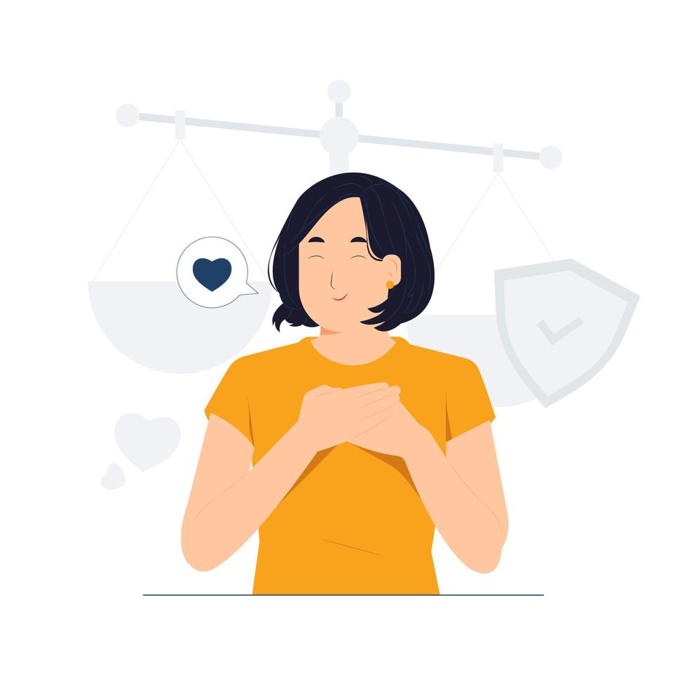 Honesty girl with grateful gesture tell truth concept illustration vector