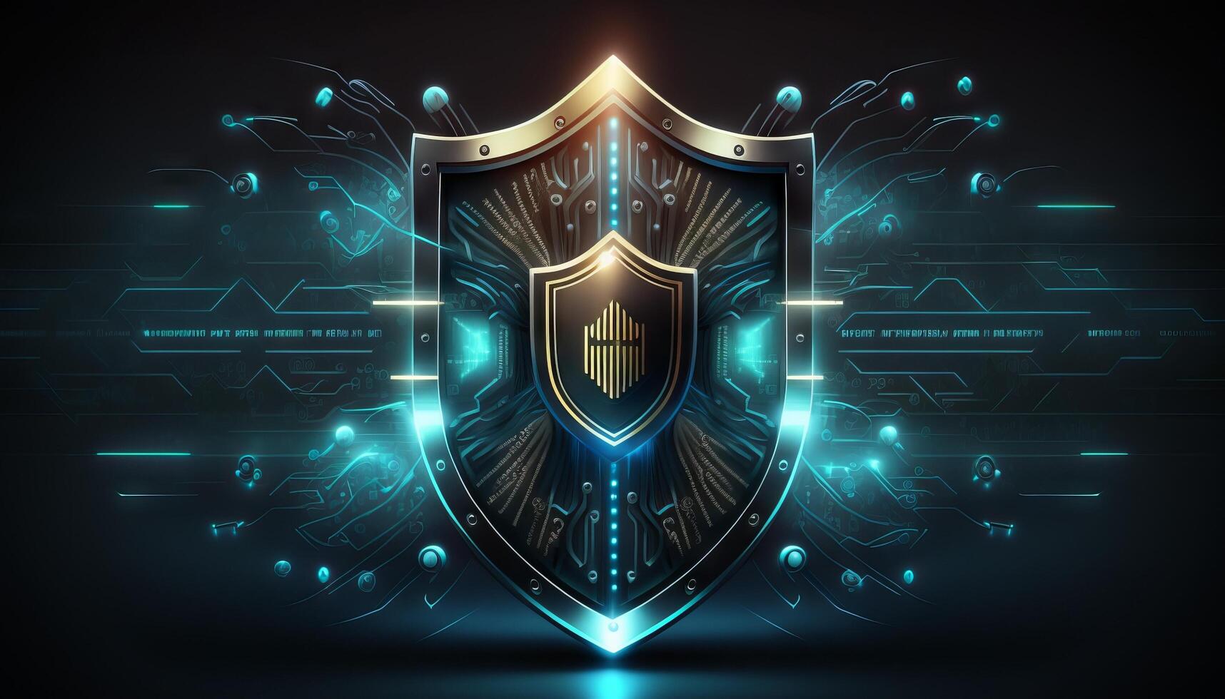 Abstract technology circuit board background with shield symbols concept of data protection and cyber privacy. photo