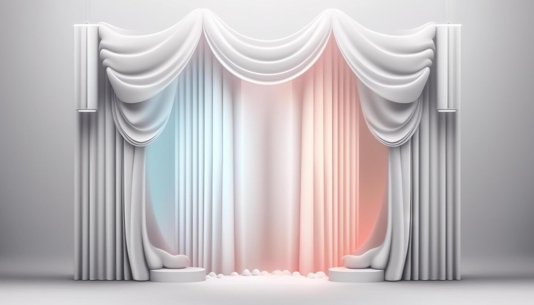 White soft pastel Curtain Stage Award Background. Trophy on White Carpet pastel Background. photo