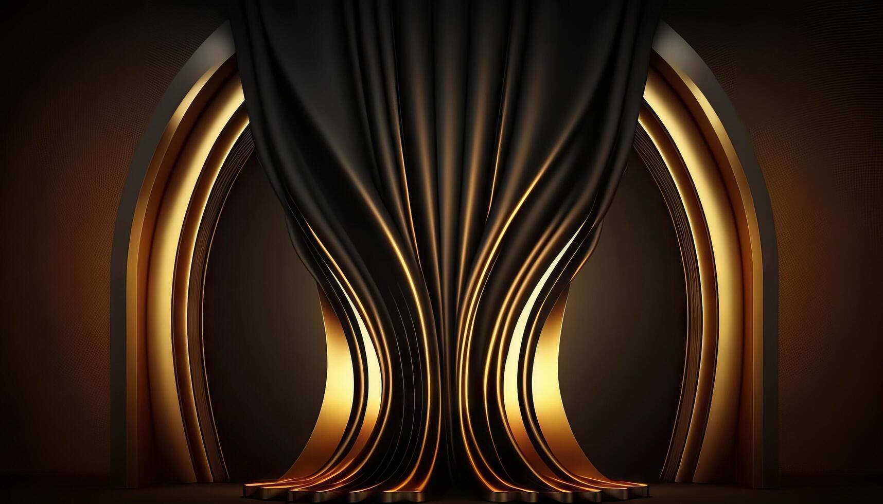 Black Golden Curtain Stage Award Background. Trophy on Red Carpet Luxury Background. photo