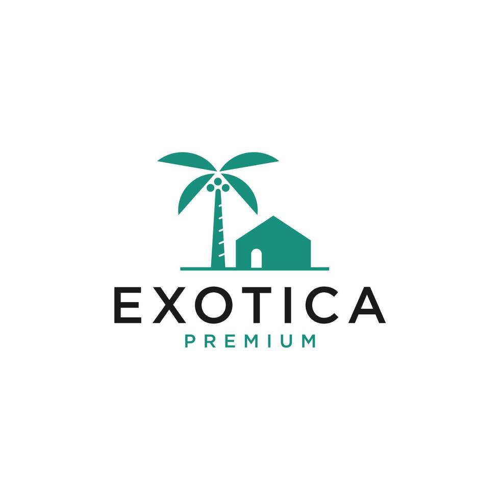 tropical house with palm tree logo vector, tropical beach home or hotel icon design illustration vector