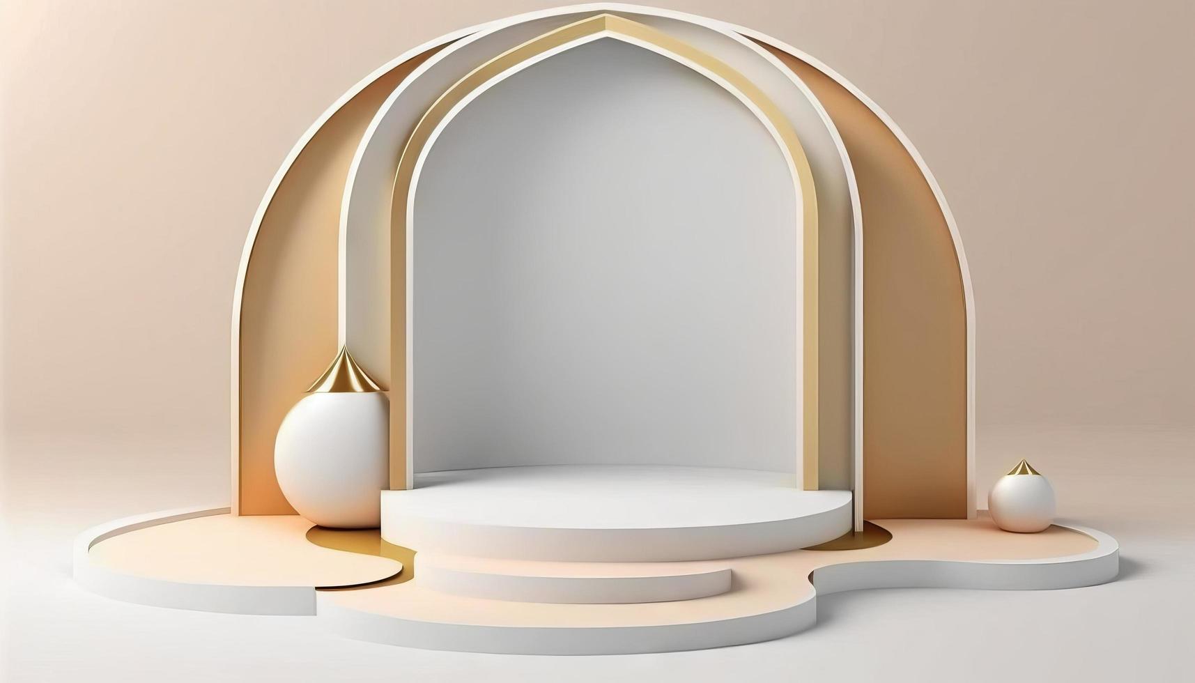 White soft pastel podium islamic Background. ramadhan ornament on White soft Carpet Background. Modern Abstract Design Template photo